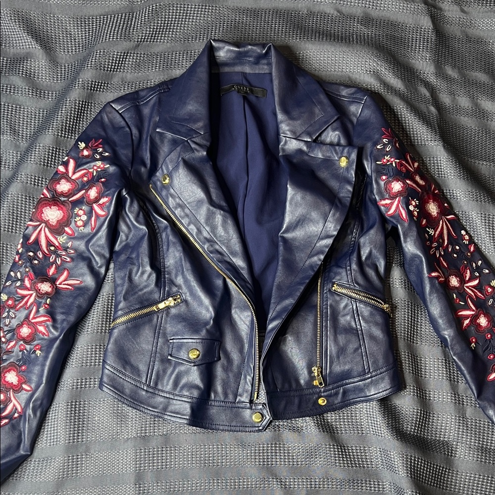 Guess Navy Leather Jacket with Red Floral Embroidery